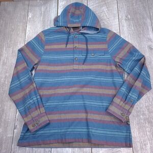 Toad&Co Barrel House Hoodie II Mens M Blue Striped Recycled Cotton Henley Shirt